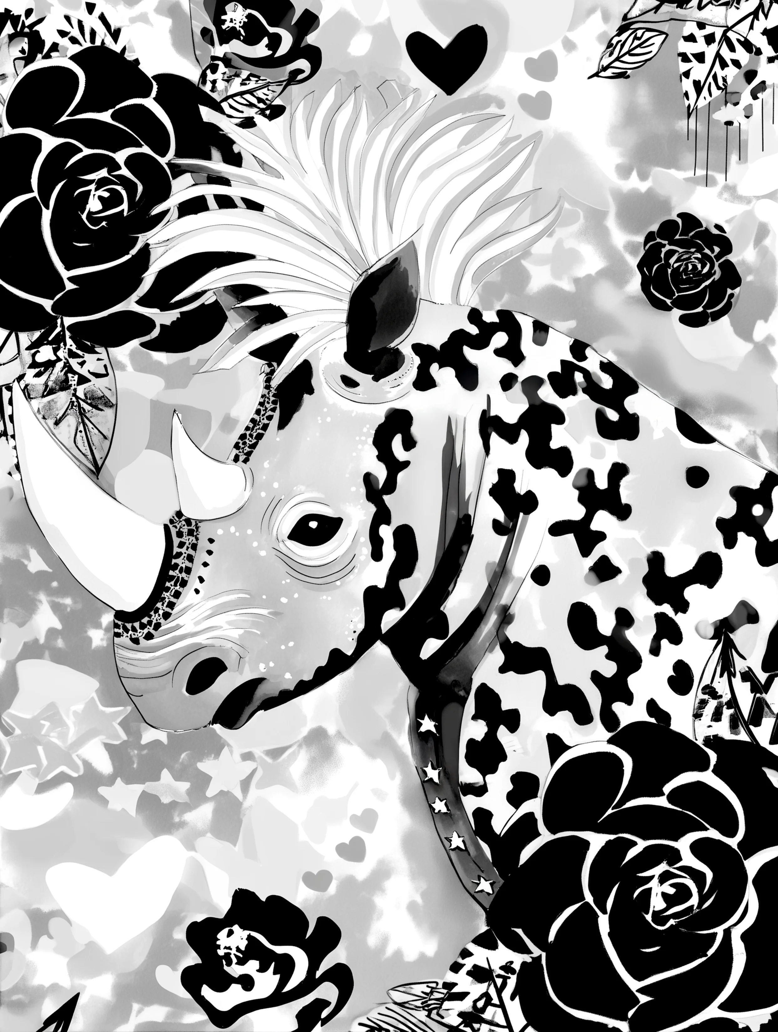 Free printable rhino coloring pages for adults featuring long white hair rhino